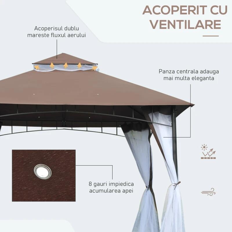 Pavilion/foisor pentru gradina/terasa, cadru metalic, cu plasa pentru insecte, maro si alb, 2.95x2.95x2.7 m — imaginea 4
