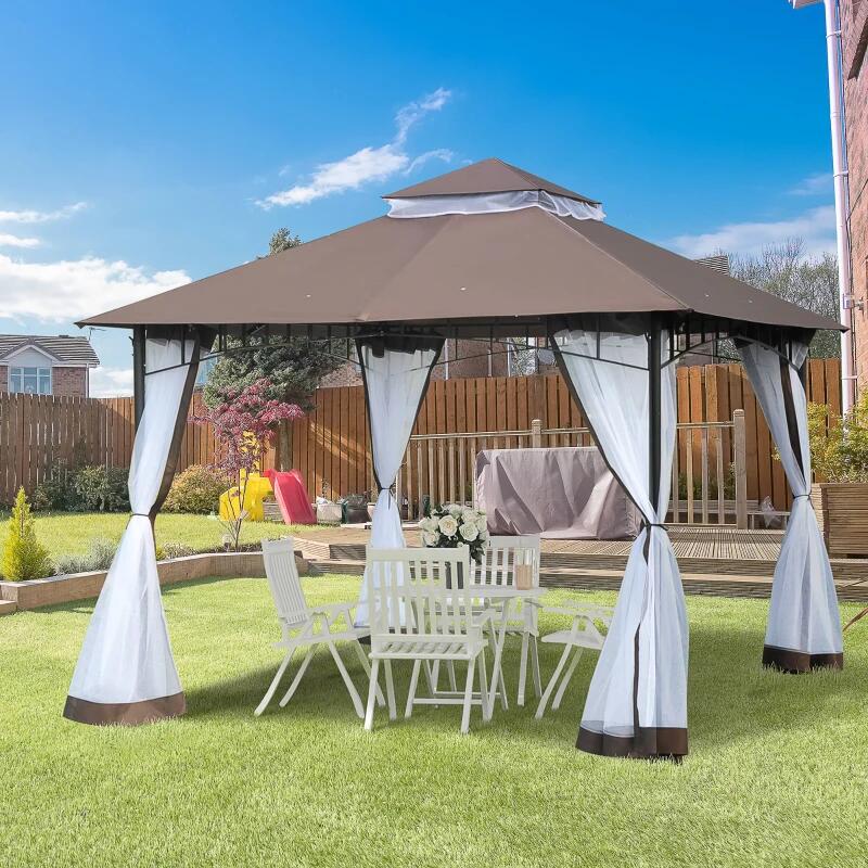 Pavilion/foisor pentru gradina/terasa, cadru metalic, cu plasa pentru insecte, maro si alb, 2.95x2.95x2.7 m — imaginea 6