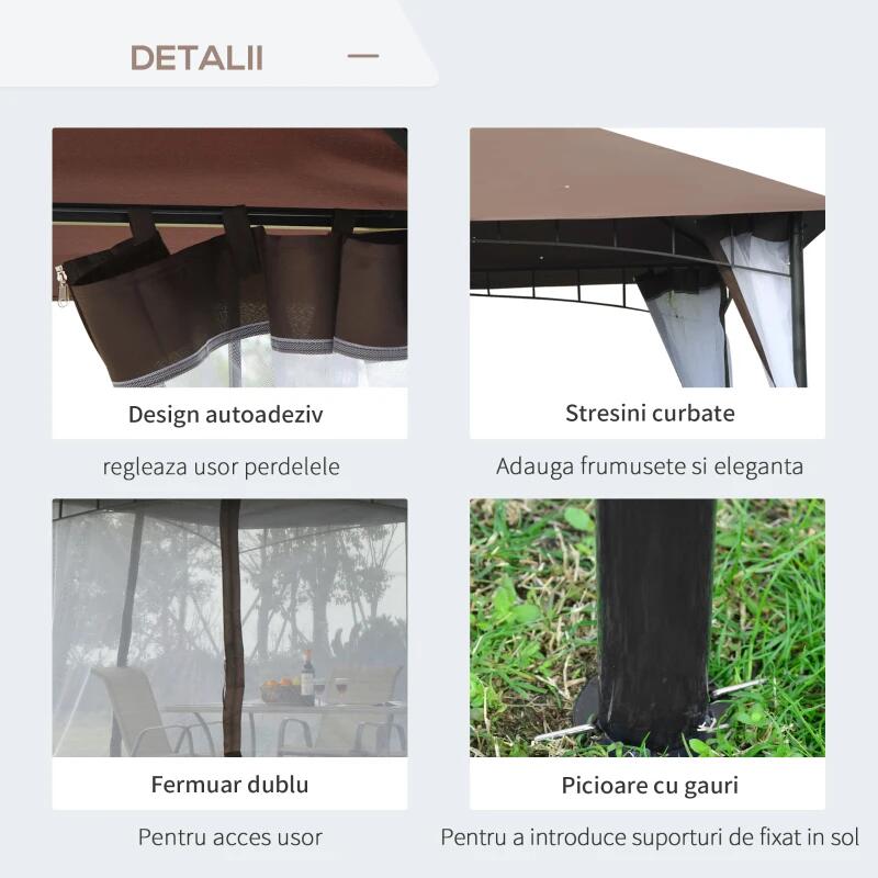 Pavilion/foisor pentru gradina/terasa, cadru metalic, cu plasa pentru insecte, maro si alb, 2.95x2.95x2.7 m — imaginea 7