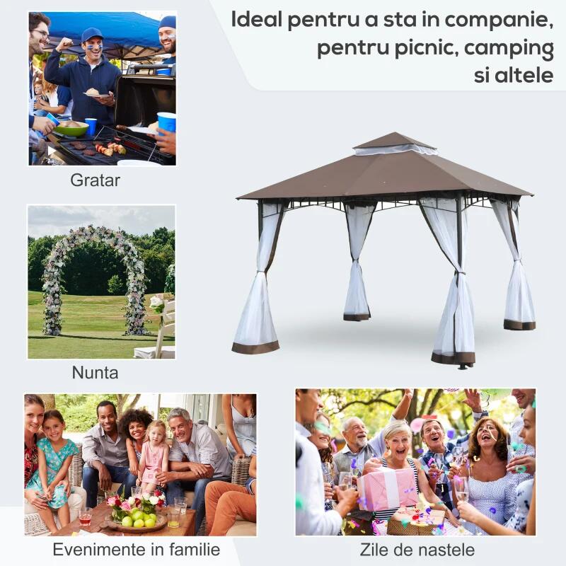 Pavilion/foisor pentru gradina/terasa, cadru metalic, cu plasa pentru insecte, maro si alb, 2.95x2.95x2.7 m — imaginea 8