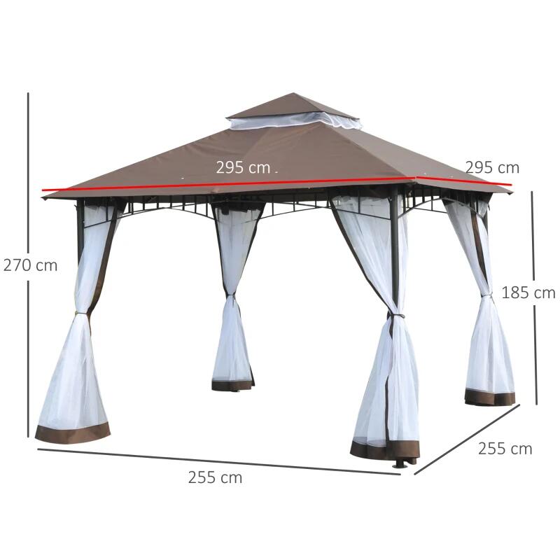 Pavilion/foisor pentru gradina/terasa, cadru metalic, cu plasa pentru insecte, maro si alb, 2.95x2.95x2.7 m — imaginea 9