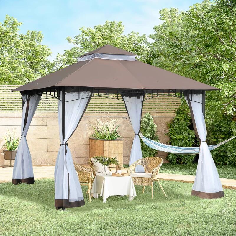 Pavilion/foisor pentru gradina/terasa, cadru metalic, cu plasa pentru insecte, maro si alb, 2.95x2.95x2.7 m — imaginea 10