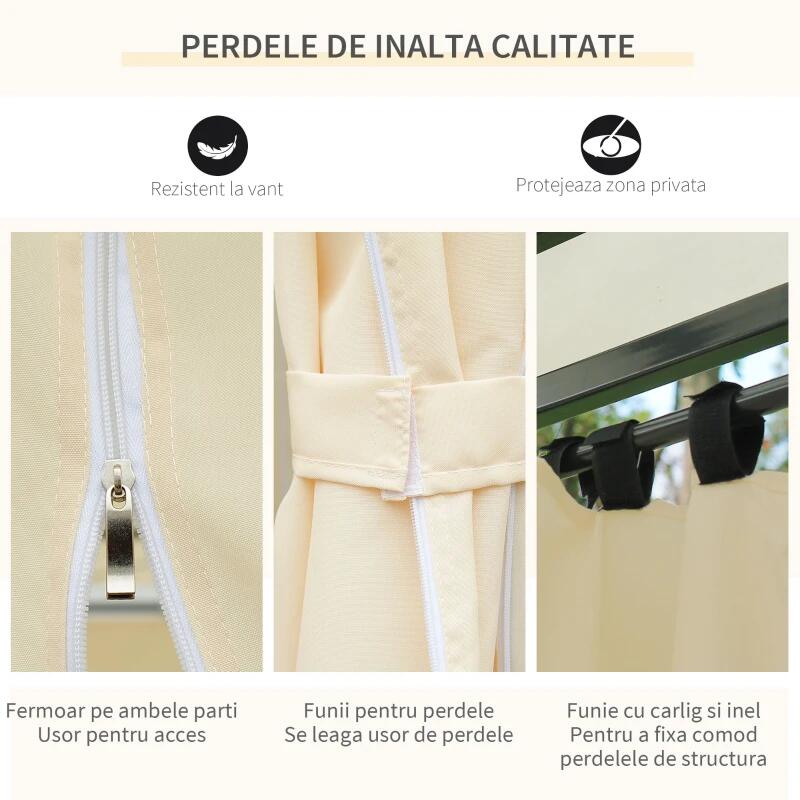 Pavilion/foisor pentru gradina/terasa, cadru metalic, cu perdele, crem, 4x3x2.65 m — imaginea 3