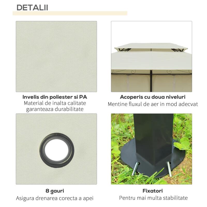 Pavilion/foisor pentru gradina/terasa, cadru metalic, cu perdele, crem, 4x3x2.65 m — imaginea 5