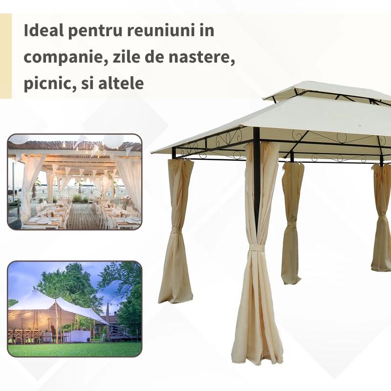 Pavilion/foisor pentru gradina/terasa, cadru metalic, cu perdele, crem, 4x3x2.65 m — imaginea 7