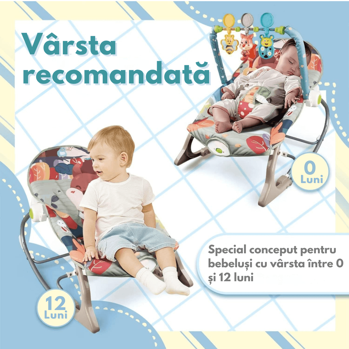 Balansoar si scaun electric 3 in 1 pentru bebelusi, VisionHub®, Multifunctional cu Cantece si vibratii linistitoare