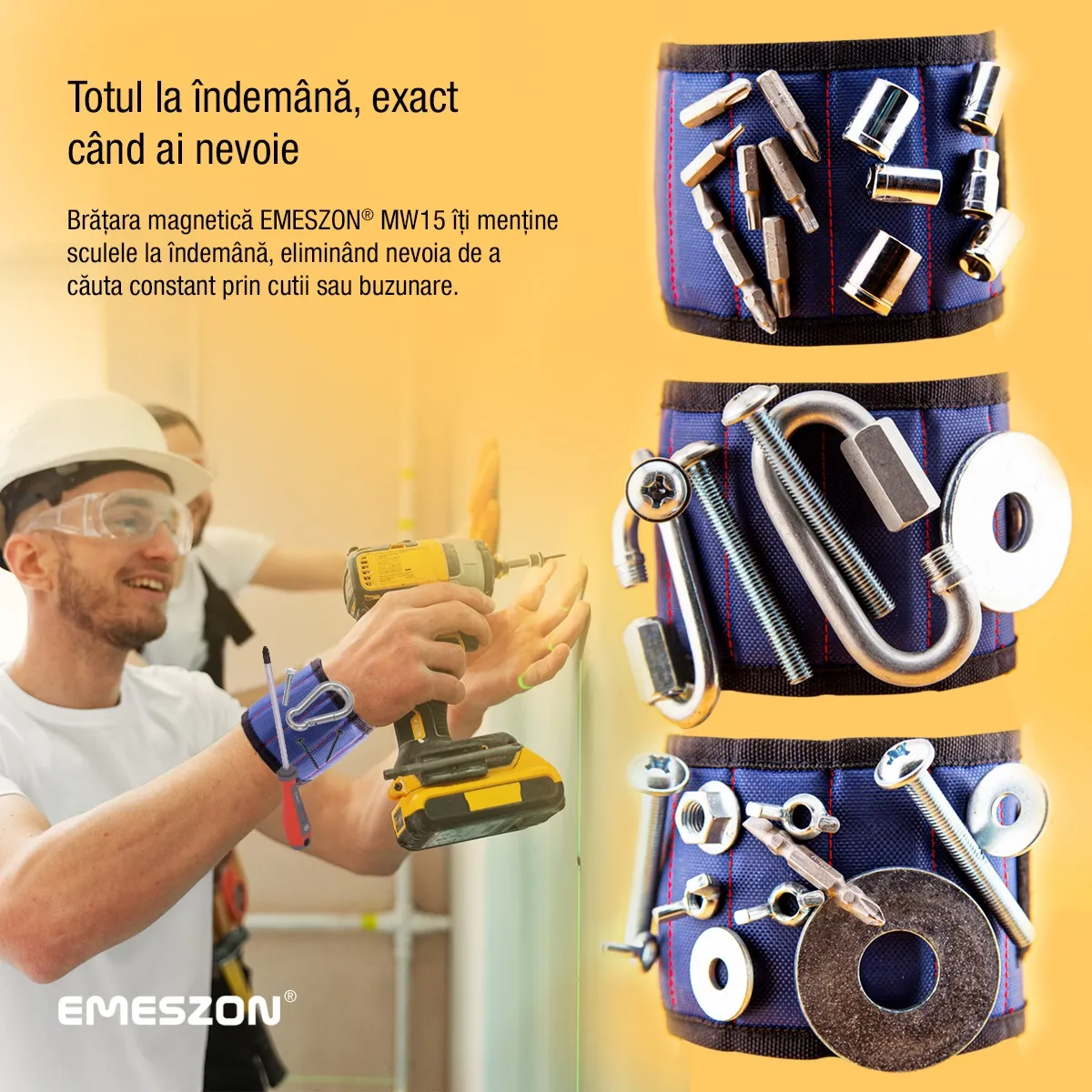 Bratara Magnetica unelte si scule, EMESZON® MW15, 15 Magneti Neodim, sustine suruburi, cuie, piulite, saibe, Albastru — imaginea 2