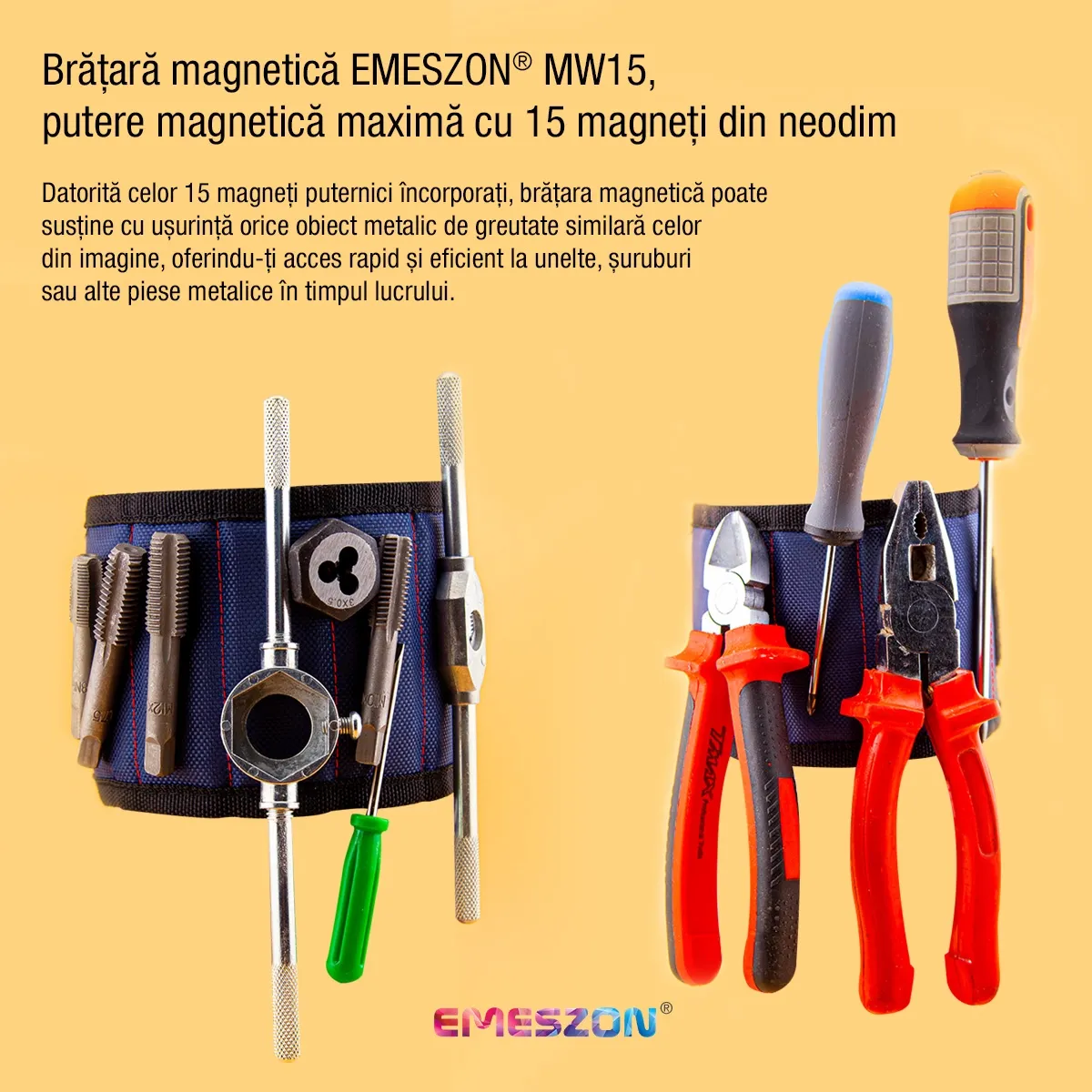 Bratara Magnetica unelte si scule, EMESZON® MW15, 15 Magneti Neodim, sustine suruburi, cuie, piulite, saibe, Albastru — imaginea 3