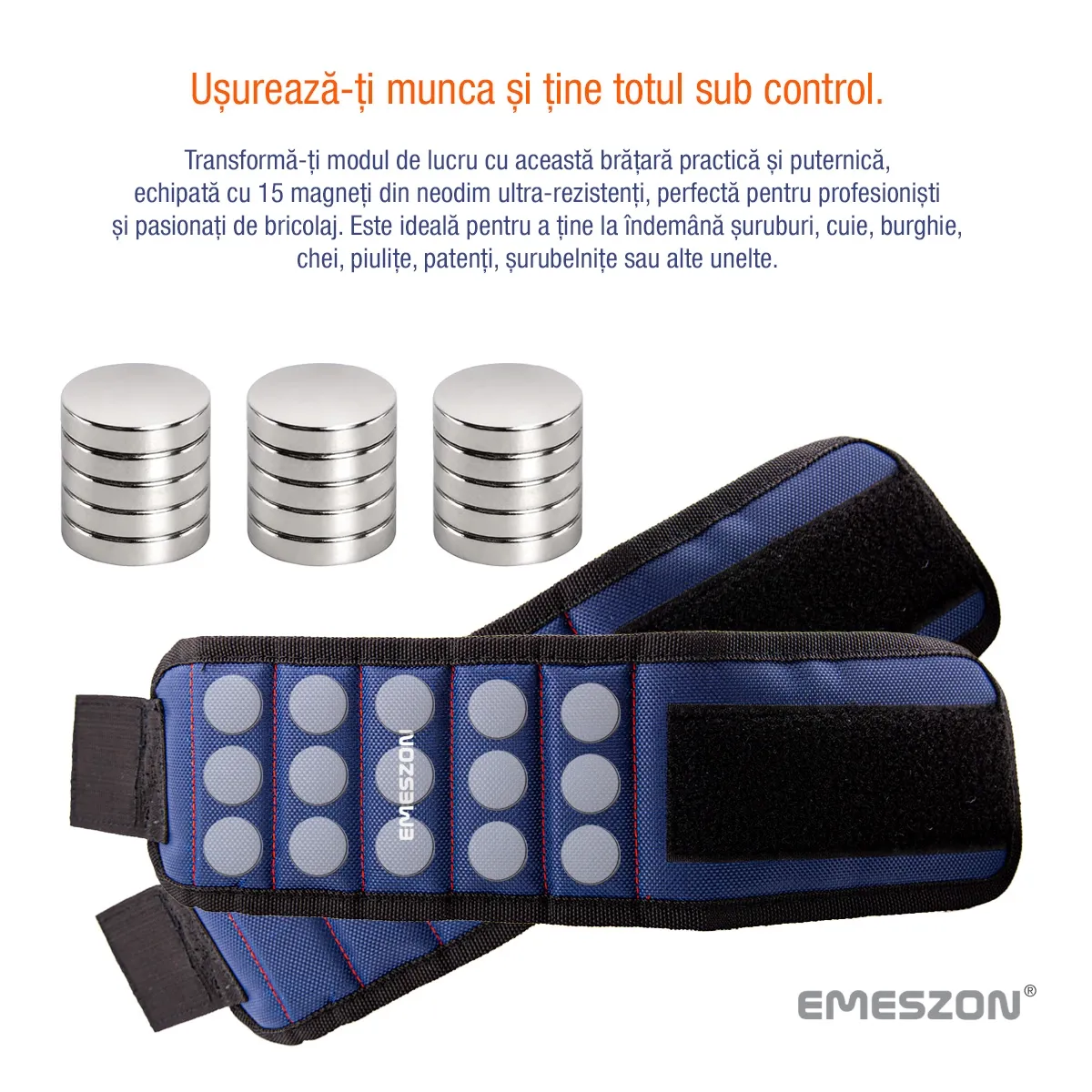 Bratara Magnetica unelte si scule, EMESZON® MW15, 15 Magneti Neodim, sustine suruburi, cuie, piulite, saibe, Albastru — imaginea 5