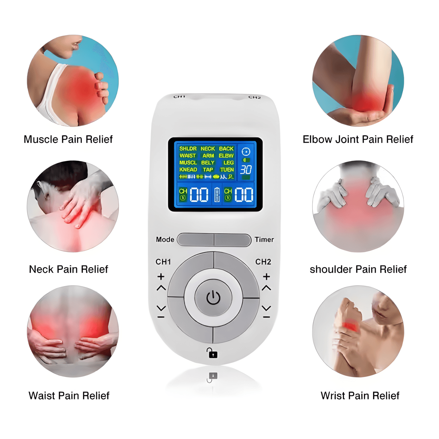 Aparat de masaj cu electrostimulare pentru Electroterapie/Fizioterapie, Bleksy® 4 Electrozi,  portabil, alb