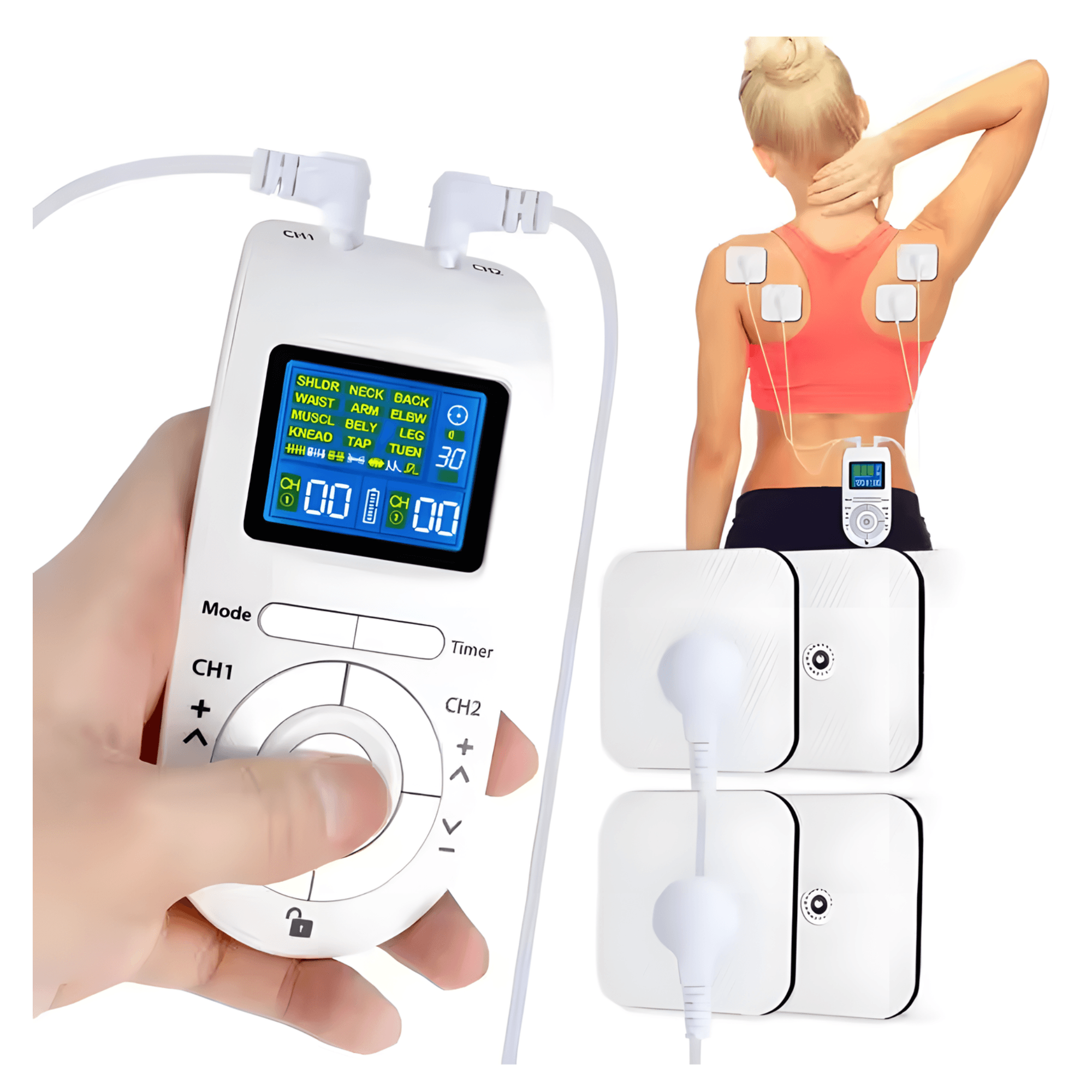 Aparat de masaj cu electrostimulare pentru Electroterapie/Fizioterapie, Bleksy® 4 Electrozi,  portabil, alb - 1 | YEO