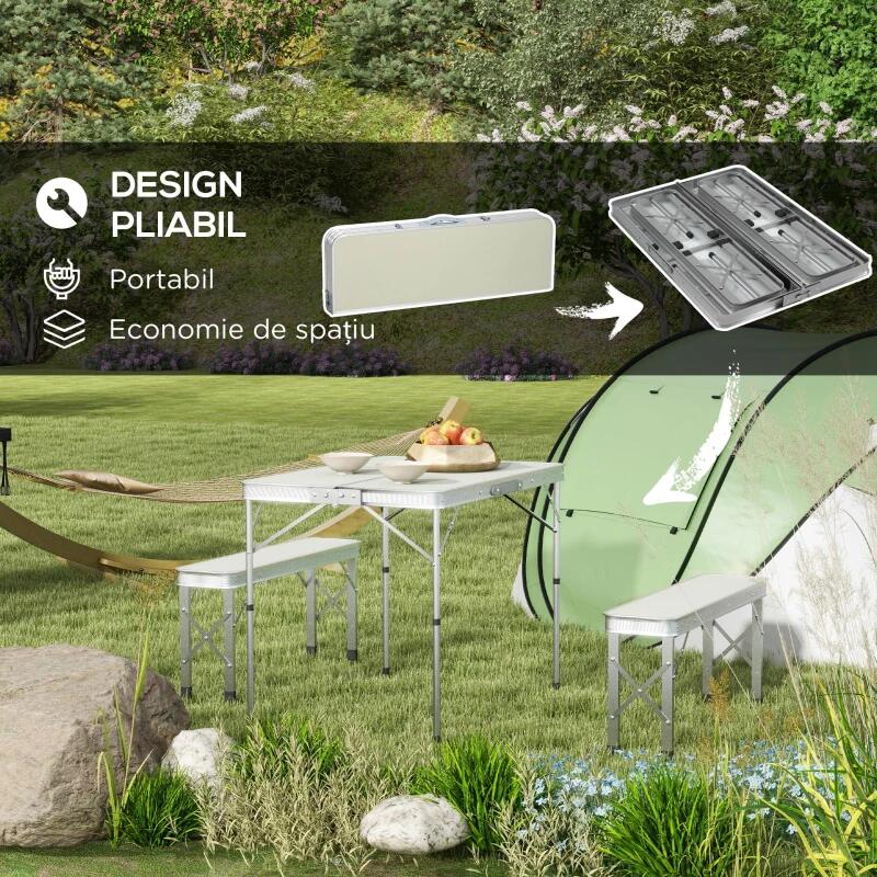 Set mobilier gradina/camping, pliabil, 1 masa, 2 banci, mdf si aluminiu, alb, 90 cm, frankfurt — imaginea 5