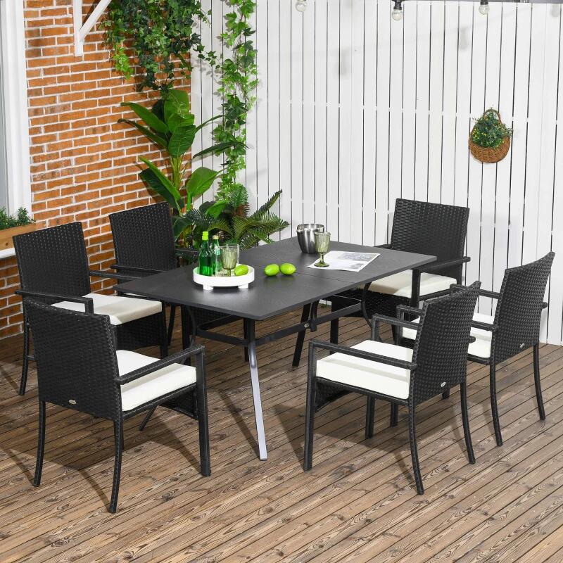 Set mobilier gradina/terasa, negru si bej, ratan sintetic, 1 masa, 6 scaune, lynna — imaginea 6
