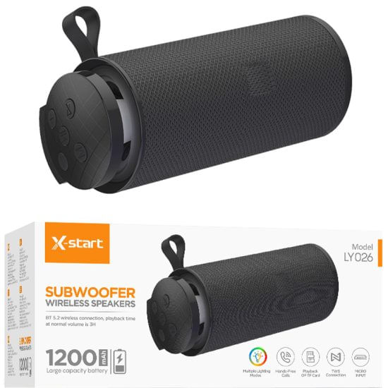 Boxa Wireless X-Start LY026 Subwoofer, LED multicolor, BT 5.2, Snur de sustinere, 1200mAh, Negru