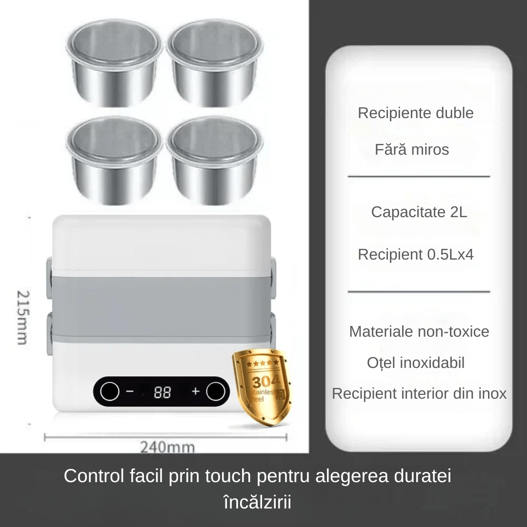 Cutie de Pranz Electrica LUDORA®, Functie de Incalzit si Gatit la Abur, 4 Containere Iterioare Detasabile, Capacitate 2L