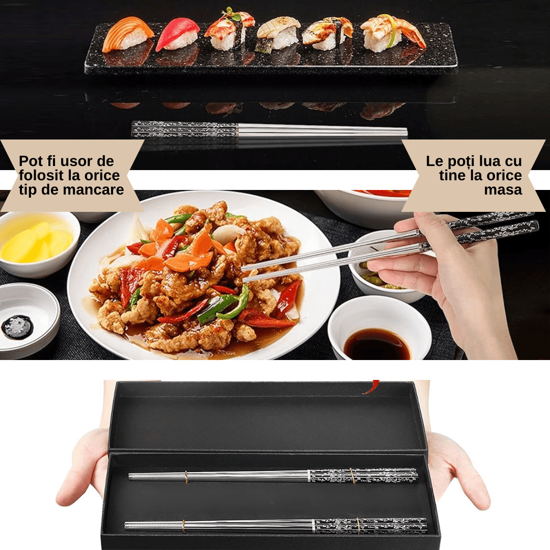 Set 2 Bete Chinezesti Traditionale, LUDORA®, Pentru Mancat, Din Otel Inoxidabil, Rezistente la Spalare, Cu Imprimeuri