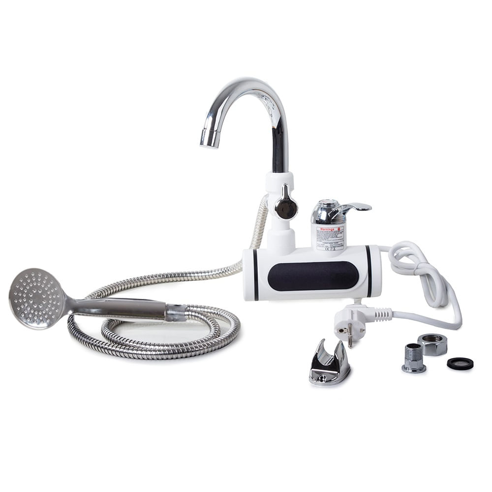 Robinet electric pentru incalzit apa instant, 3000W, afisaj LCD, metalic, cu dus, inaltim robinet 31 cm, alb