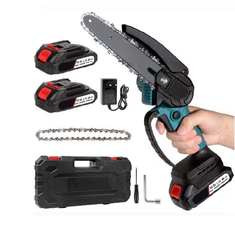 Mini drujba electrica fara fir, cu lama de 4 inci, 2 acumulatori de 48V, valiza si accesorii, negru-albastru