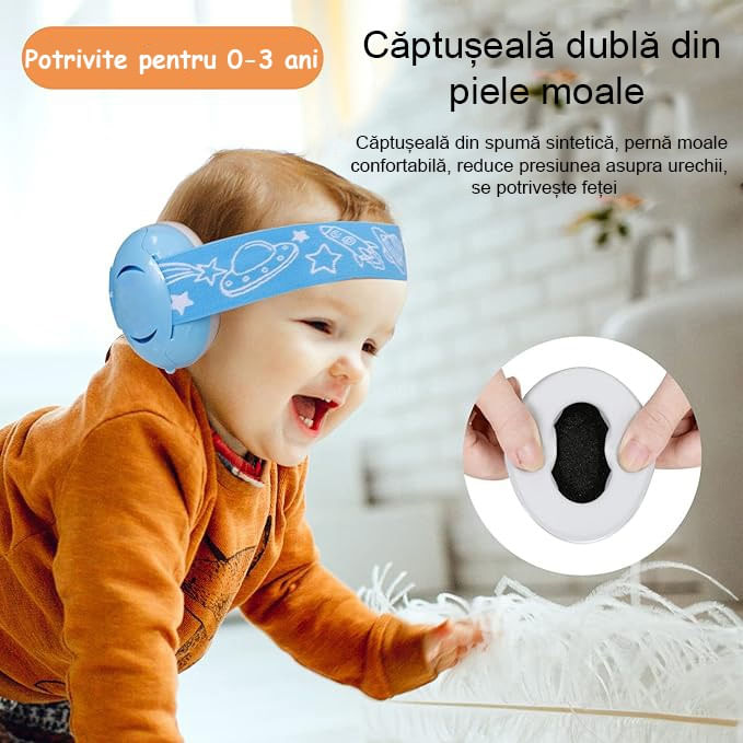 Casti Antifonice Pentru Copii si Bebelusi 3-36 luni, Protectie Auditiva, Prindere Sigura Fontanela, Albastru cu Gri