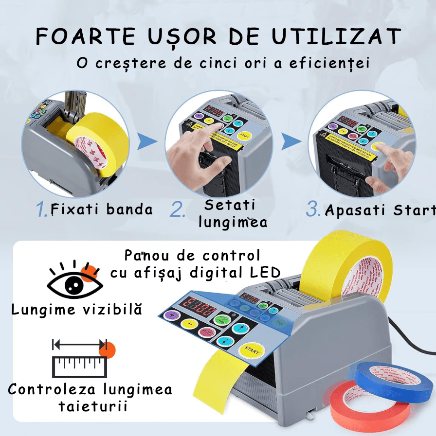 Dispenser Automat de Taiat Banda Adeziva, Functii Duble, LED, Usor de Transportat, Pentru Ambalare, Diverse Dimensiuni - 1 | YEO