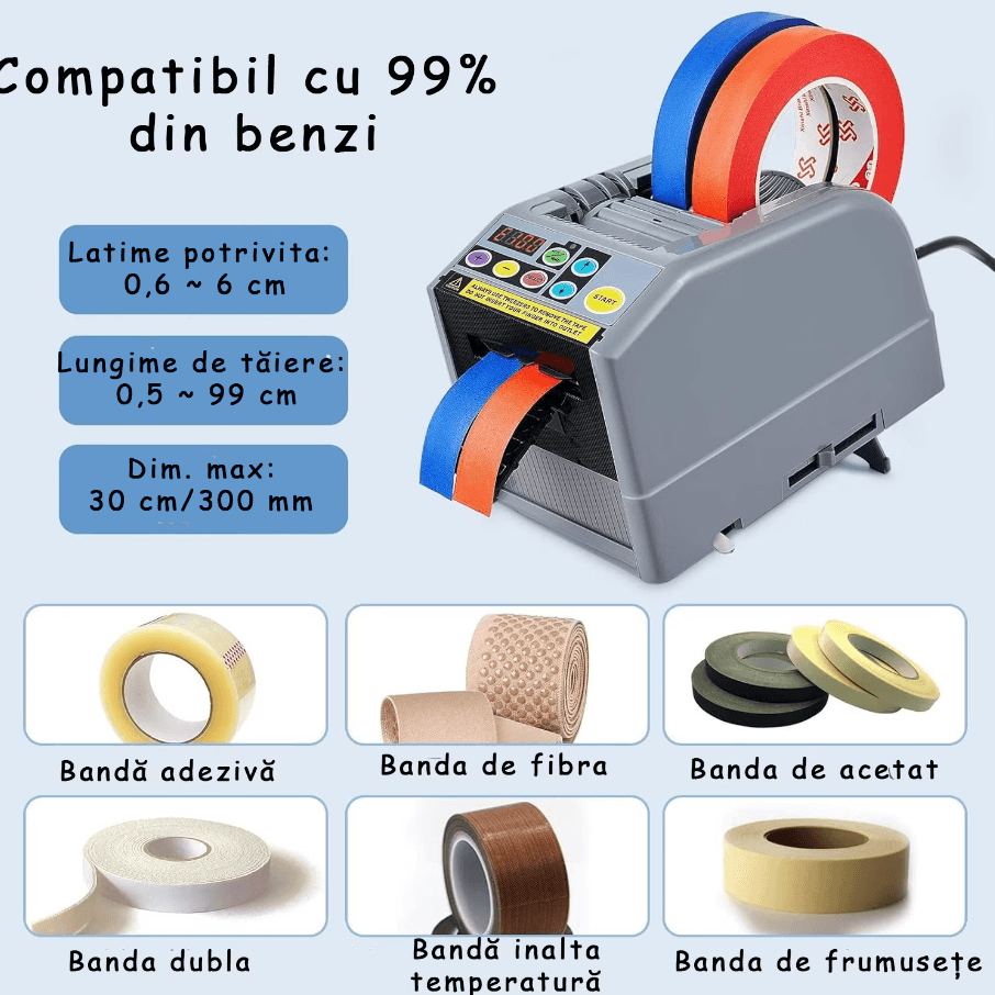 Dispenser Automat de Taiat Banda Adeziva, Functii Duble, LED, Usor de Transportat, Pentru Ambalare, Diverse Dimensiuni