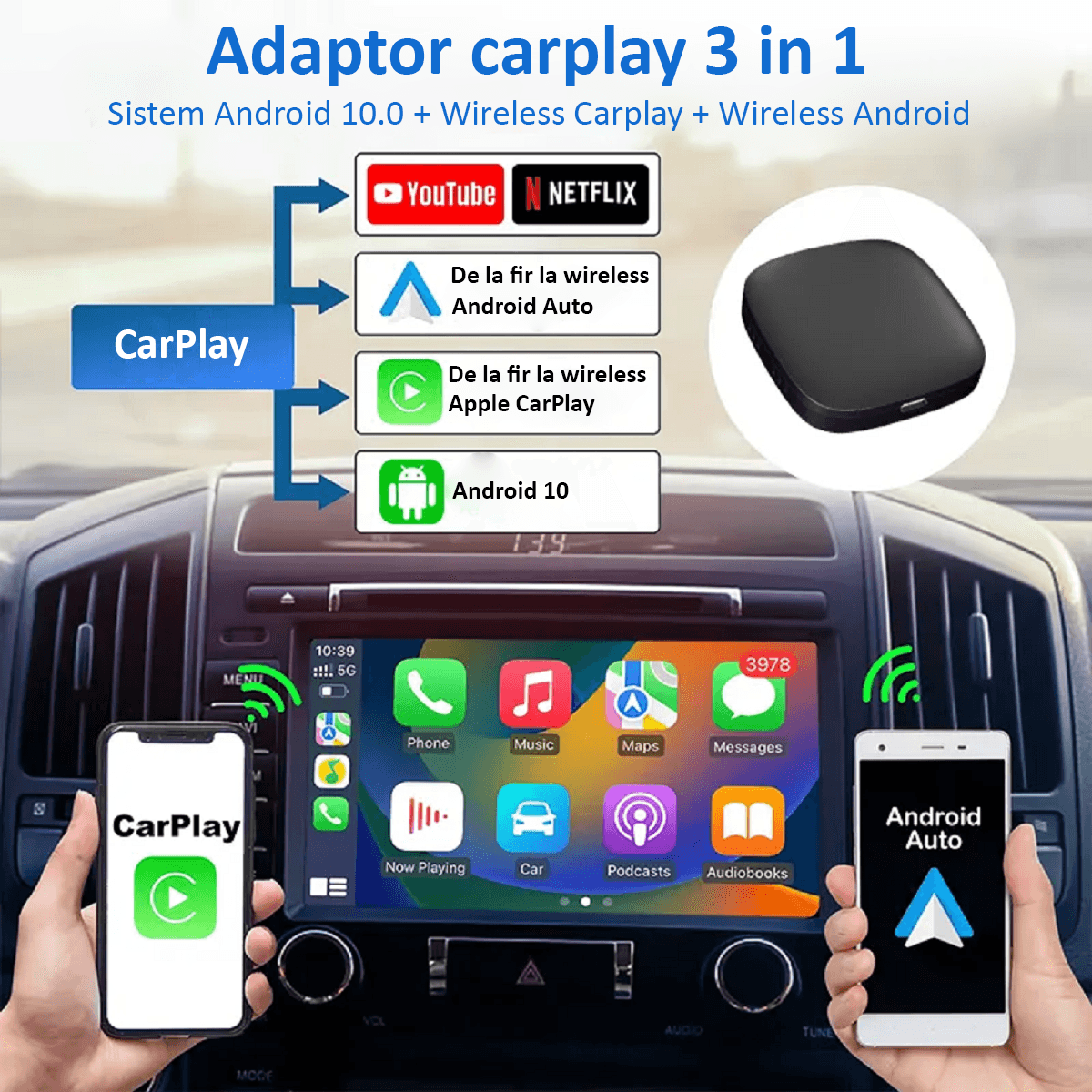 Adaptor Auto Wireless cu Netflix, YouTube, Google Store, Apple Carplay si Android Auto, Wi-Fi 6, 32GB, ANDROID 10, Negru