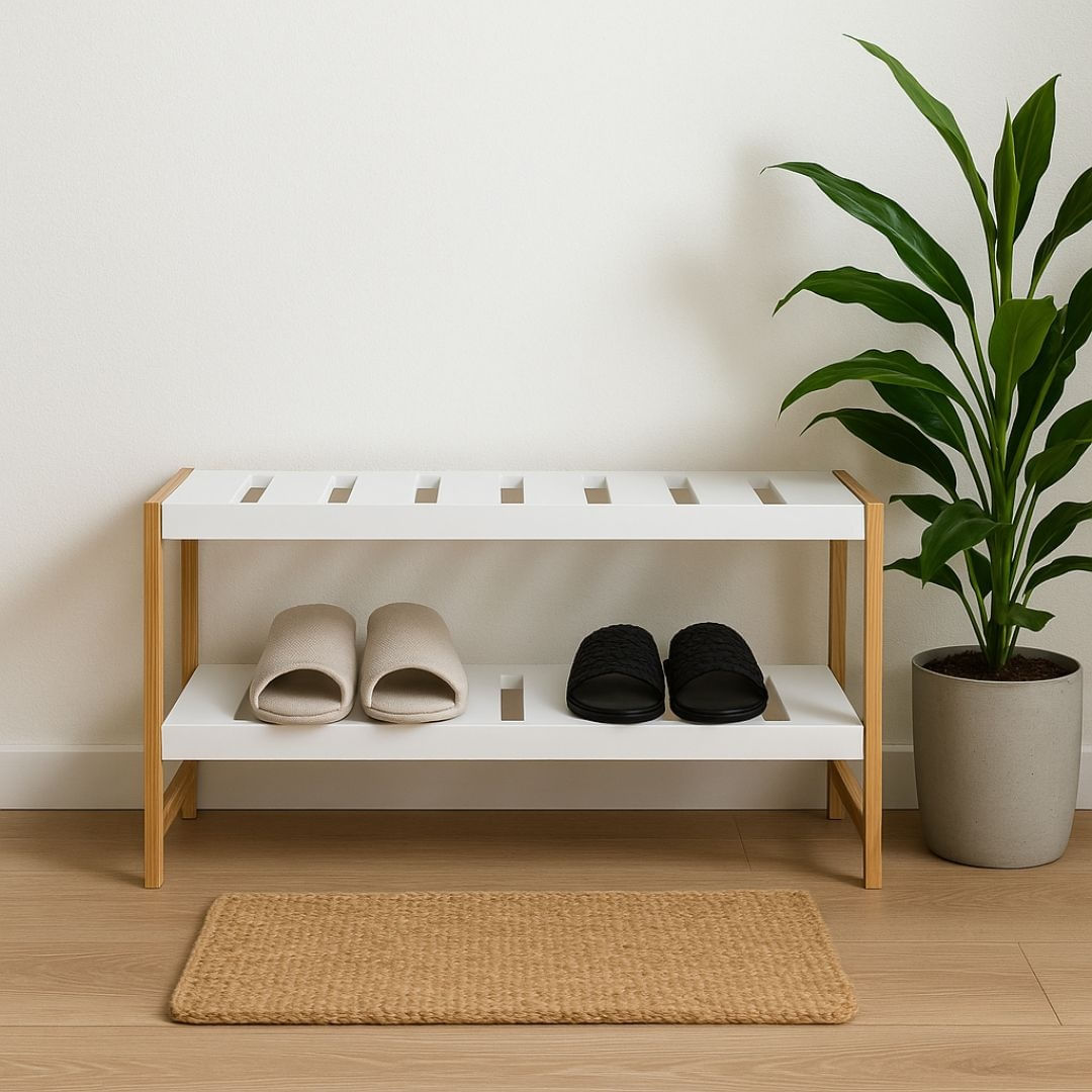 Suport pentru incaltaminte – Excellent Houseware | 2 rafturi, bambus & MDF, 70x26x36 cm, alb/maro — imaginea 2