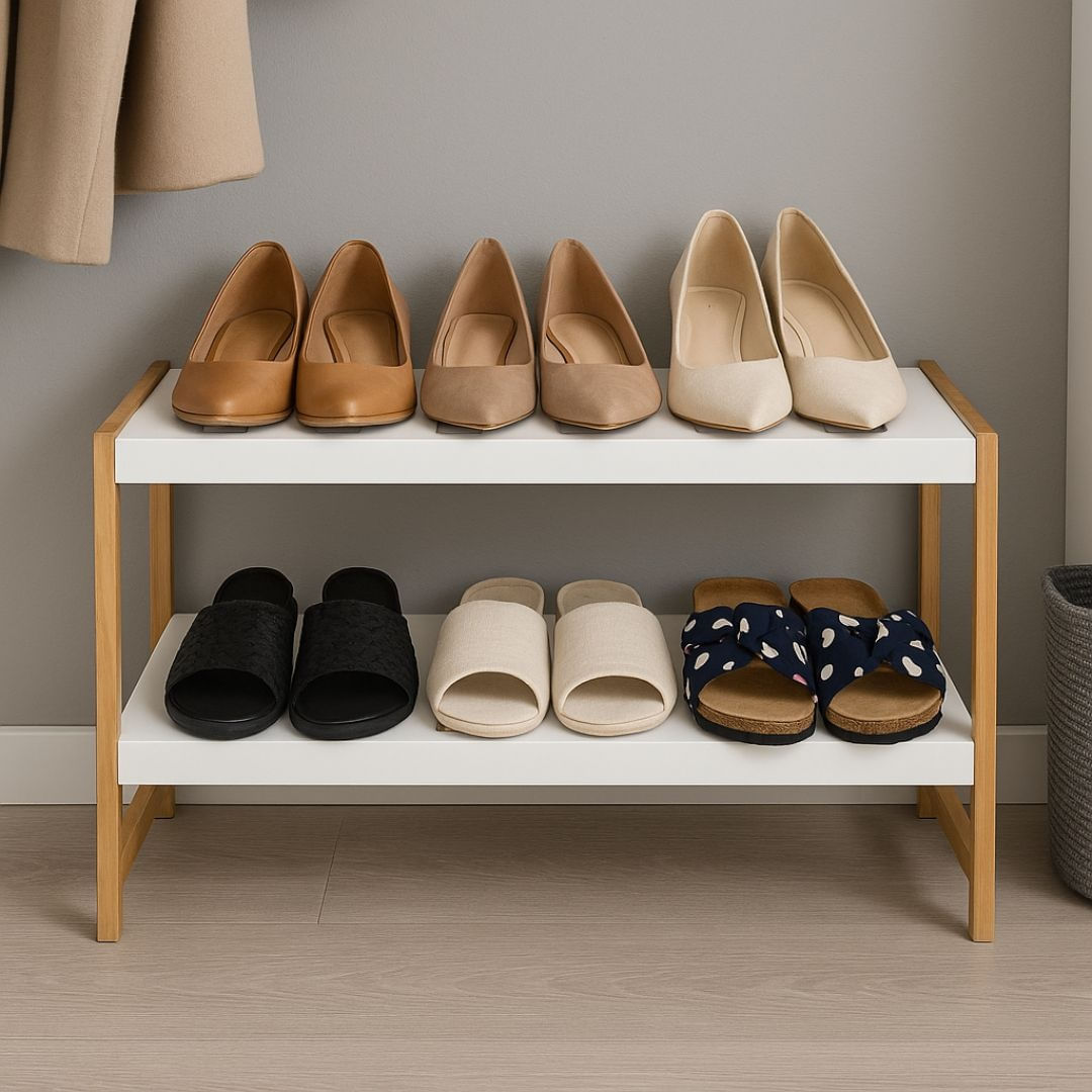 Suport pentru incaltaminte – Excellent Houseware | 2 rafturi, bambus & MDF, 70x26x36 cm, alb/maro — imaginea 3
