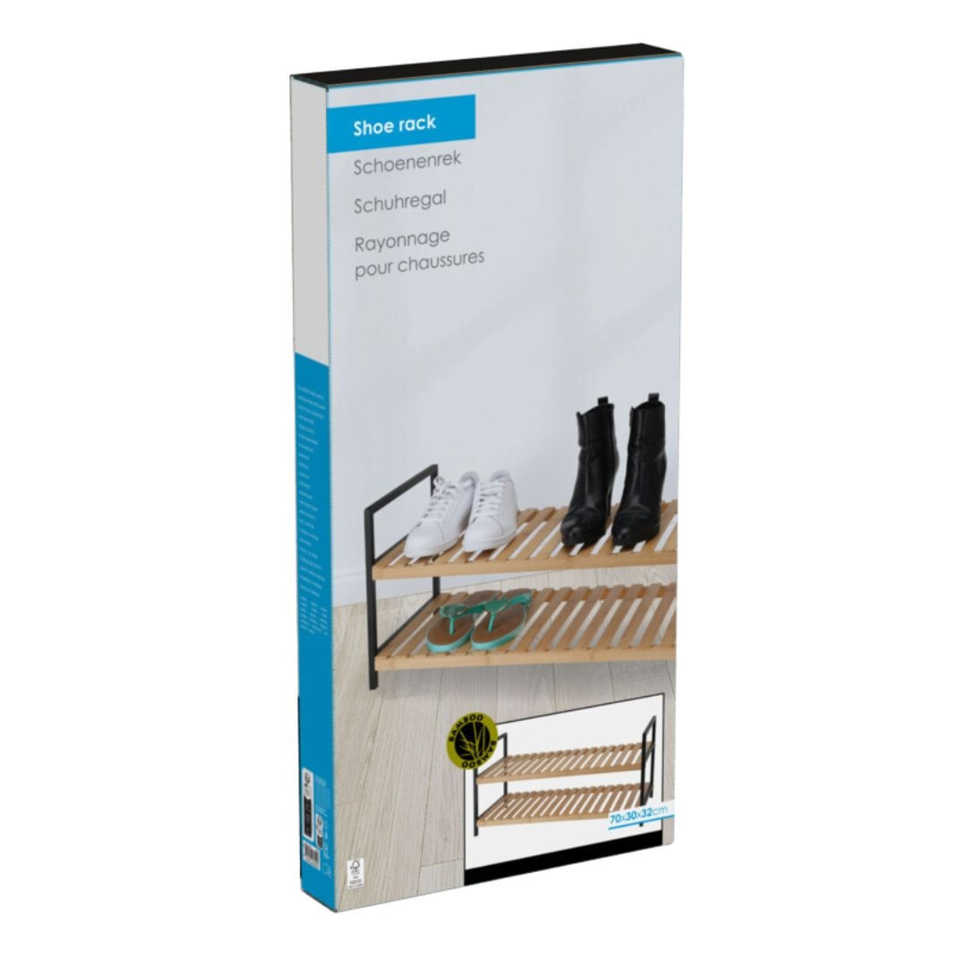 Suport pentru incaltaminte – Storage Solutions | 2 rafturi, lemn & metal, 70x30x32 cm, negru/maro — imaginea 2