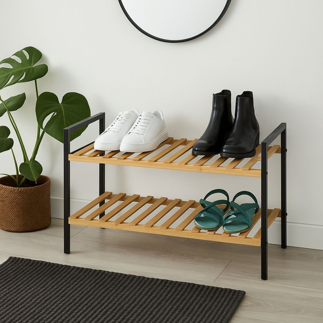 Suport pentru incaltaminte – Storage Solutions | 2 rafturi, lemn & metal, 70x30x32 cm, negru/maro — imaginea 3