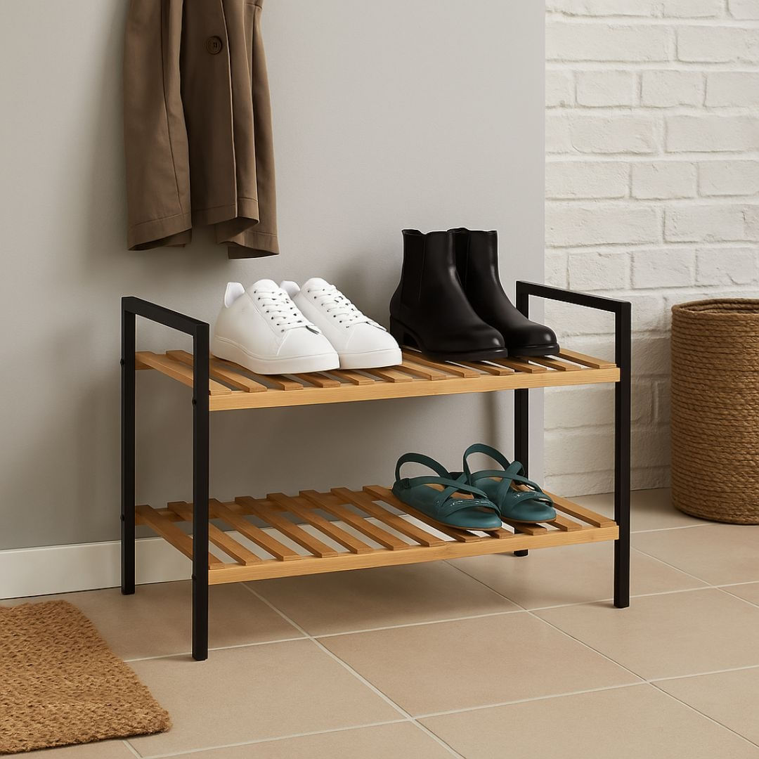 Suport pentru incaltaminte – Storage Solutions | 2 rafturi, lemn & metal, 70x30x32 cm, negru/maro — imaginea 4