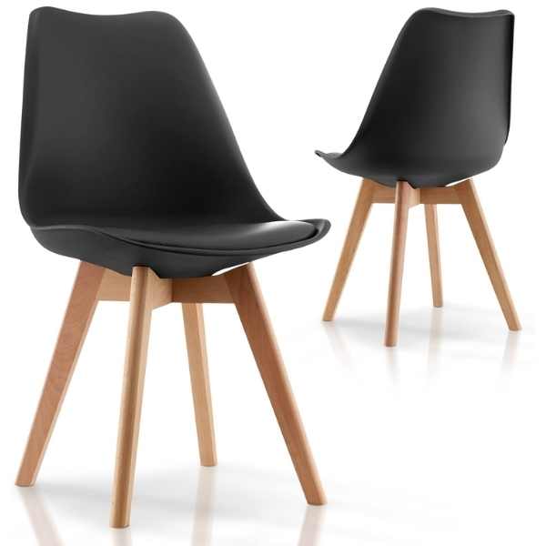Set 2 buc, Scaune cu Picioare din Lemn de Fag, Sezut din PP si Perna din Piele Ecologica, 49 x 43 x 82 cm, Negru — imaginea 2