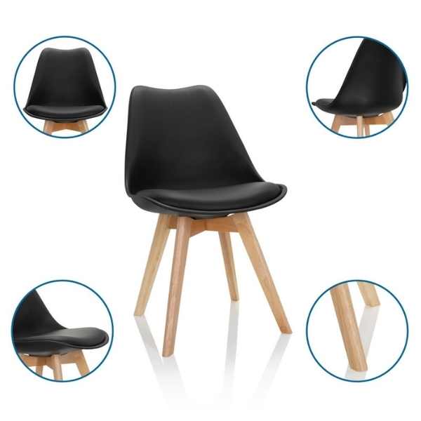 Set 2 buc, Scaune cu Picioare din Lemn de Fag, Sezut din PP si Perna din Piele Ecologica, 49 x 43 x 82 cm, Negru — imaginea 4