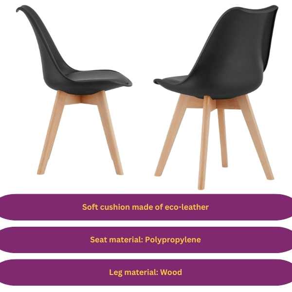Set 2 buc, Scaune cu Picioare din Lemn de Fag, Sezut din PP si Perna din Piele Ecologica, 49 x 43 x 82 cm, Negru — imaginea 6