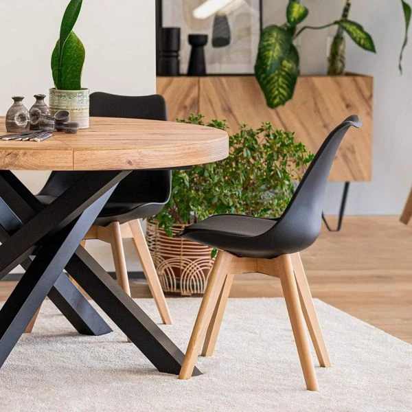 Set 2 buc, Scaune cu Picioare din Lemn de Fag, Sezut din PP si Perna din Piele Ecologica, 49 x 43 x 82 cm, Negru — imaginea 9