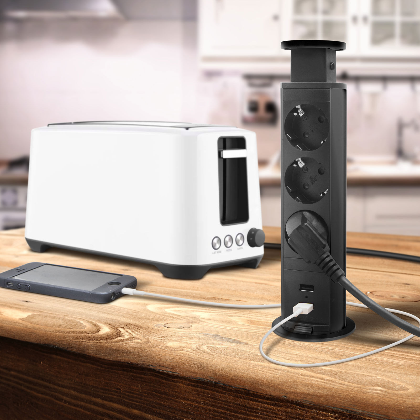 Distribuitor 3 prize MK02 cu protectie impotriva copiilor, 2 x Port USB, incorporabil cu sistem Pop-Up, 230V, Negru