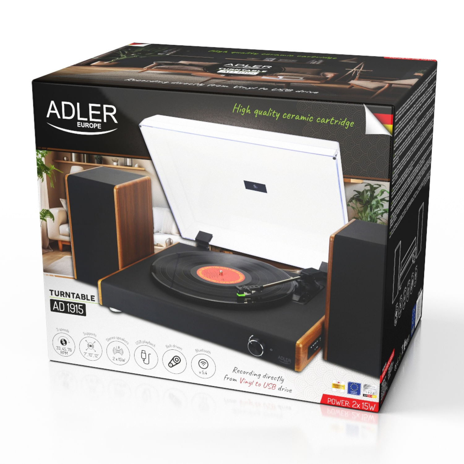 Pick-up Adler AD1915, 3 viteze, 7, 10, 12 inch, bluetooth, salvare pe stick, 2x5W