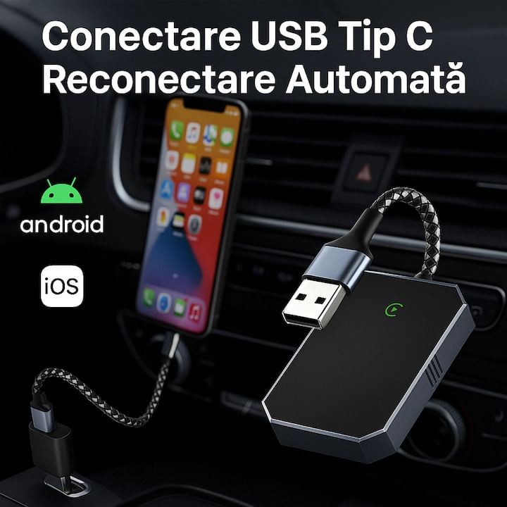 Modulator Auto 2 in 1 CarPlay Wireless – Modulator FM Multifunctional, Compatibil iPhone si Android