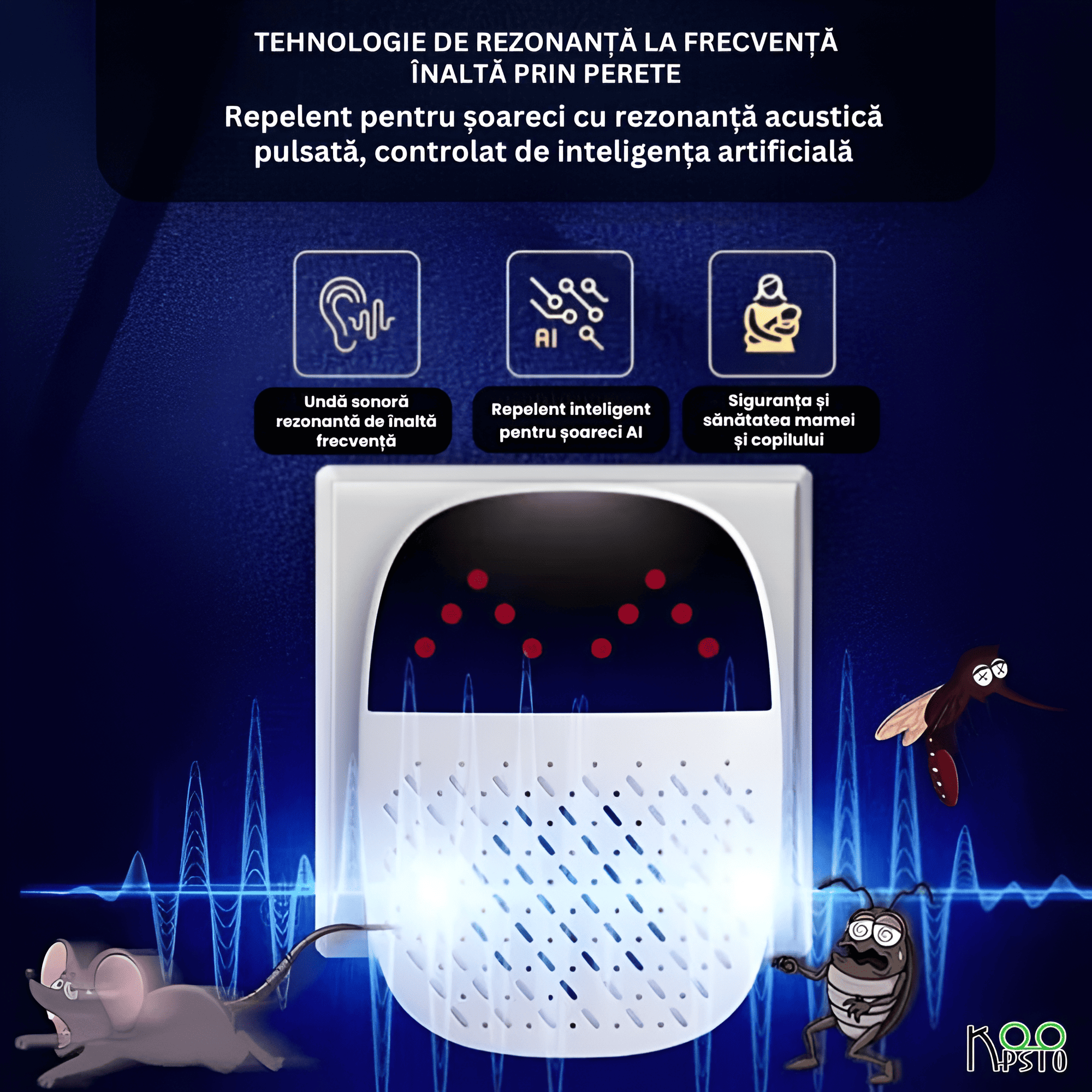 Repelent Ultrasunete AI Smart pentru Soareci si Insecte, Koopsio, Tehnologie Avansata De Rezonanta Acustica — imaginea 6