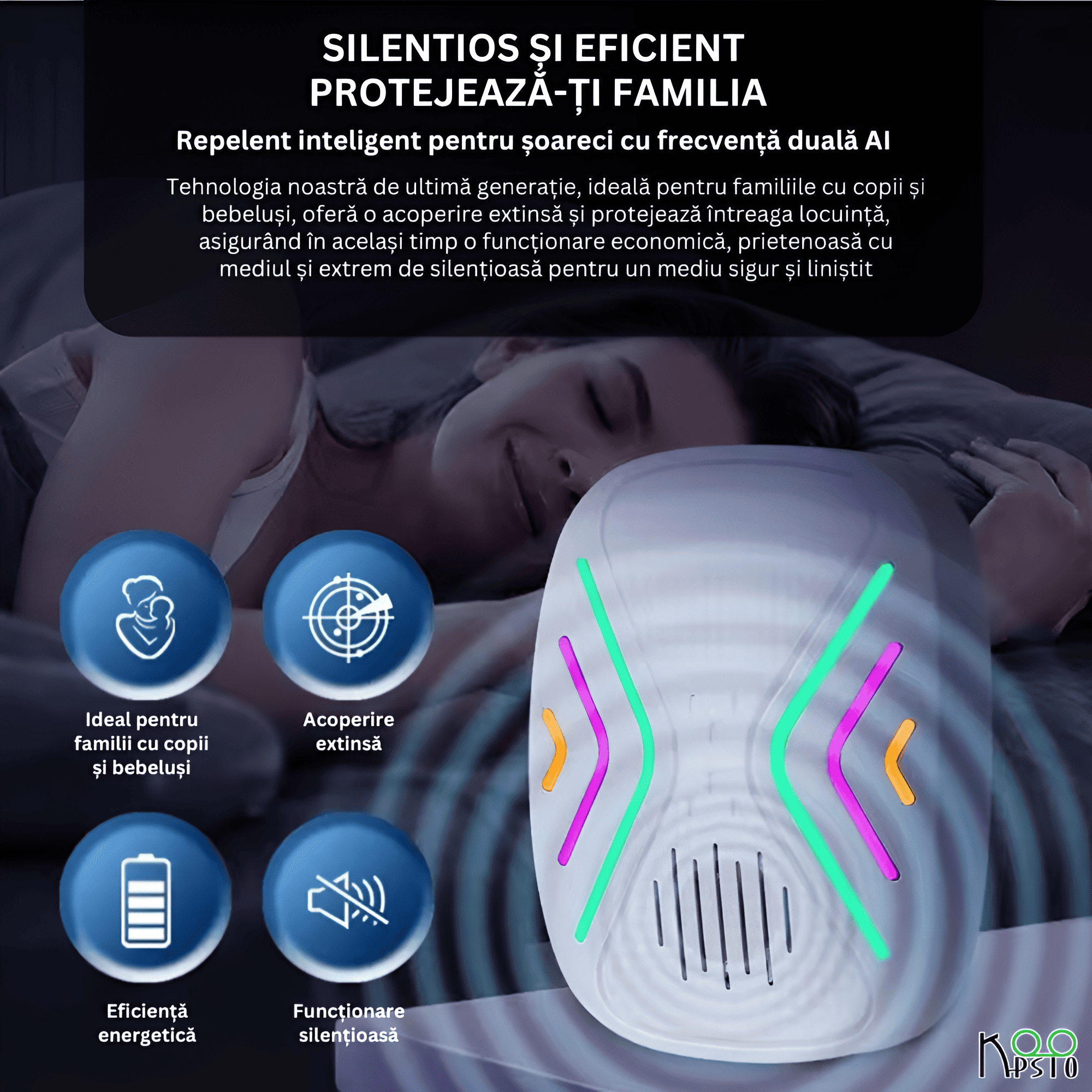 Repelent Ultrasonic Smart pentru Soareci Koopsio, Frecventa Duala AI, Protectie Eficienta 100 m² — imaginea 2