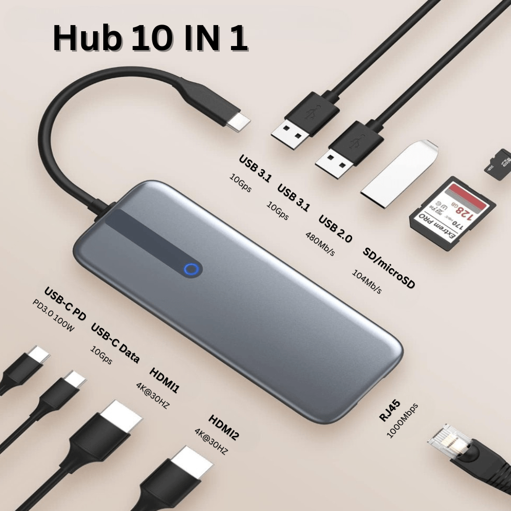 Hub Adaptor Multiport 10 in 1 USB-C, 2 x USB-A 3.1, 2 x HDMI 4K, 30 Hz, 1 x USB-C, 1 x RJ45 Ethernet, din Aluminiu, Gri - 1 | YEO