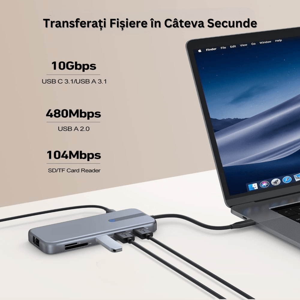 Hub Adaptor Multiport 10 in 1 USB-C, 2 x USB-A 3.1, 2 x HDMI 4K, 30 Hz, 1 x USB-C, 1 x RJ45 Ethernet, din Aluminiu, Gri - 3 | YEO