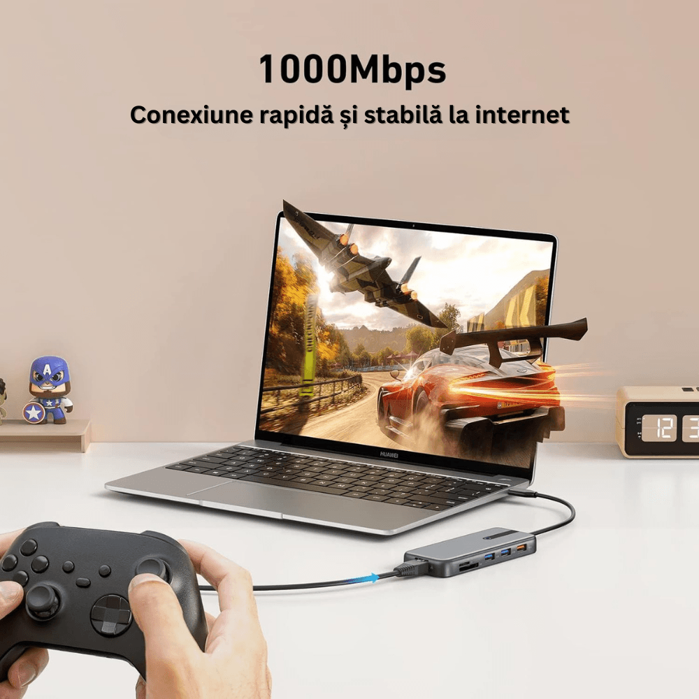 Hub Adaptor Multiport 10 in 1 USB-C, 2 x USB-A 3.1, 2 x HDMI 4K, 30 Hz, 1 x USB-C, 1 x RJ45 Ethernet, din Aluminiu, Gri - 4 | YEO