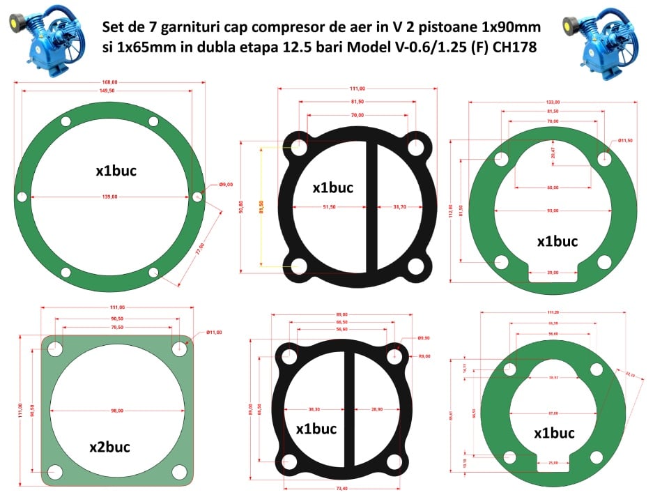 Set garnituri cap compresor de aer in V 2 pistoane 1x90mm si 1x65mm in dubla etapa 12.5 bari Model V-0.6/1.25 (F) CH178 — imaginea 2