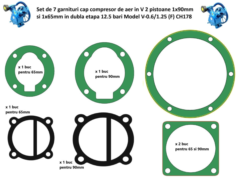 Set garnituri cap compresor de aer in V 2 pistoane 1x90mm si 1x65mm in dubla etapa 12.5 bari Model V-0.6/1.25 (F) CH178 — imaginea 3