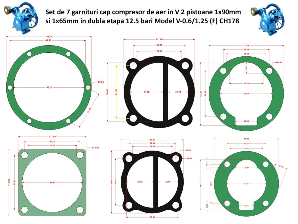 Set garnituri cap compresor de aer in V 2 pistoane 1x90mm si 1x65mm in dubla etapa 12.5 bari Model V-0.6/1.25 (F) CH178 — imaginea 5