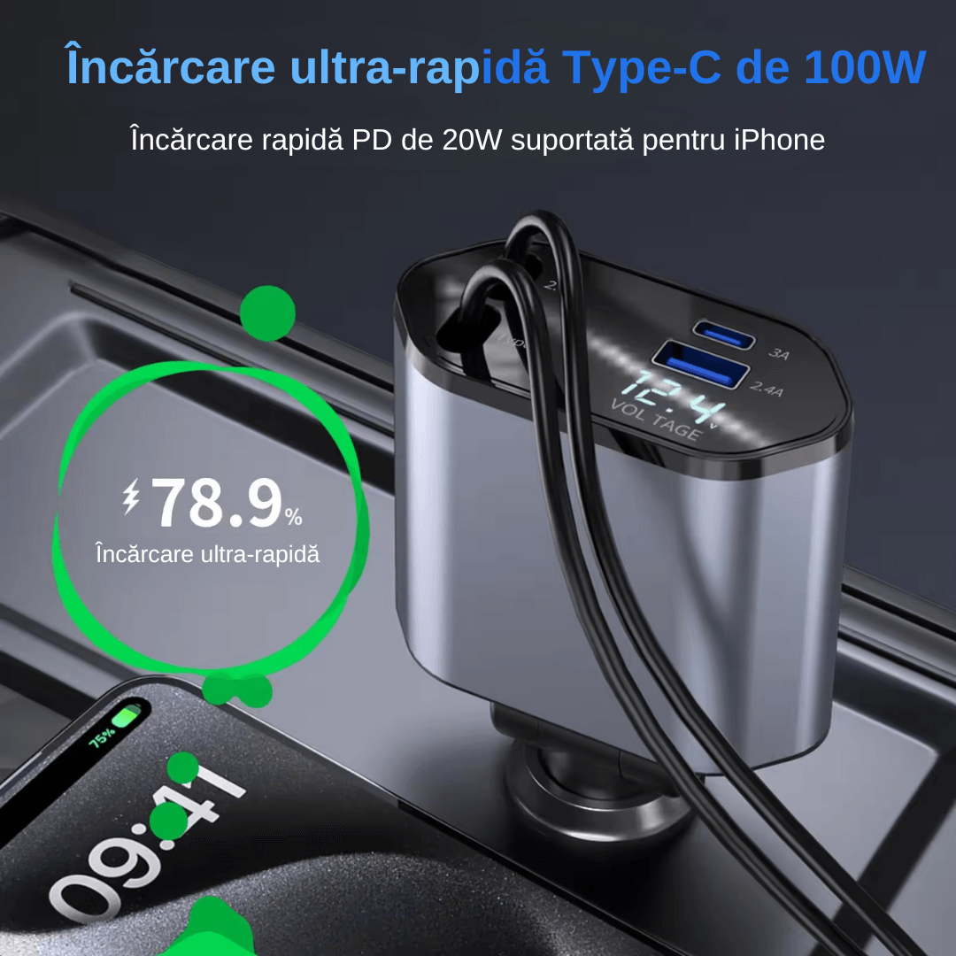 Incarcator Auto 4 in 1 Multifunctional, Incarcare Rapida, Incarcare Simultana, Auto-Reglabil, Design cu 2 Cabluri