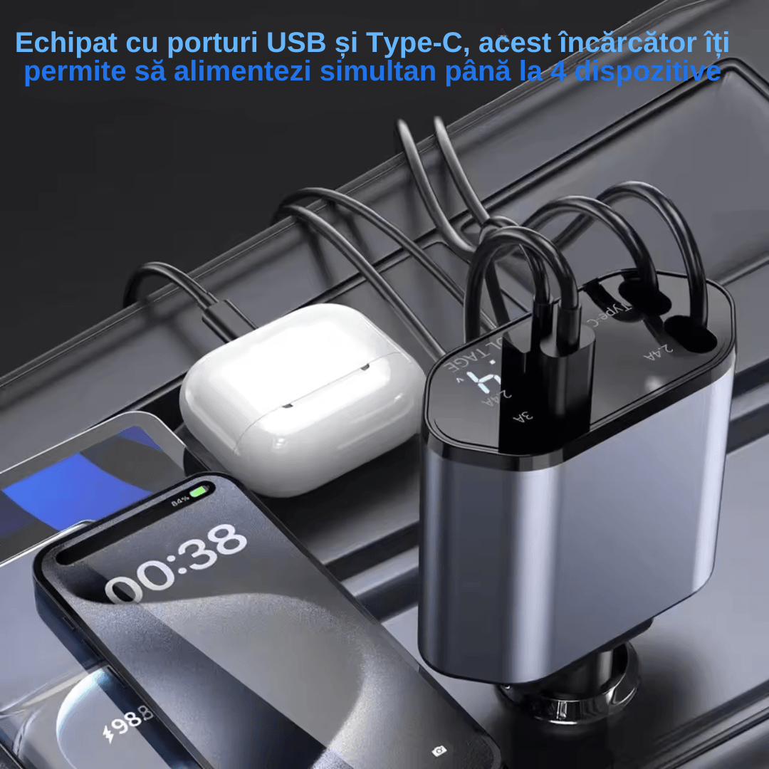 Incarcator Auto 4 in 1 Multifunctional, Incarcare Rapida, Incarcare Simultana, Auto-Reglabil, Design cu 2 Cabluri - 1 | YEO