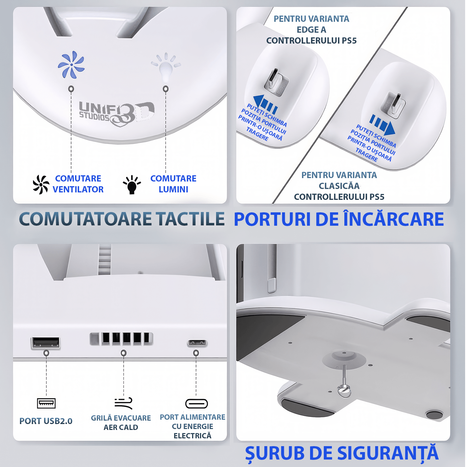 Statie cu ventilator pentru PS5 SLIM, cu 3 moduri de viteza (max 5500RPM ), incarcare  2 controllere, lumina RGB, alb