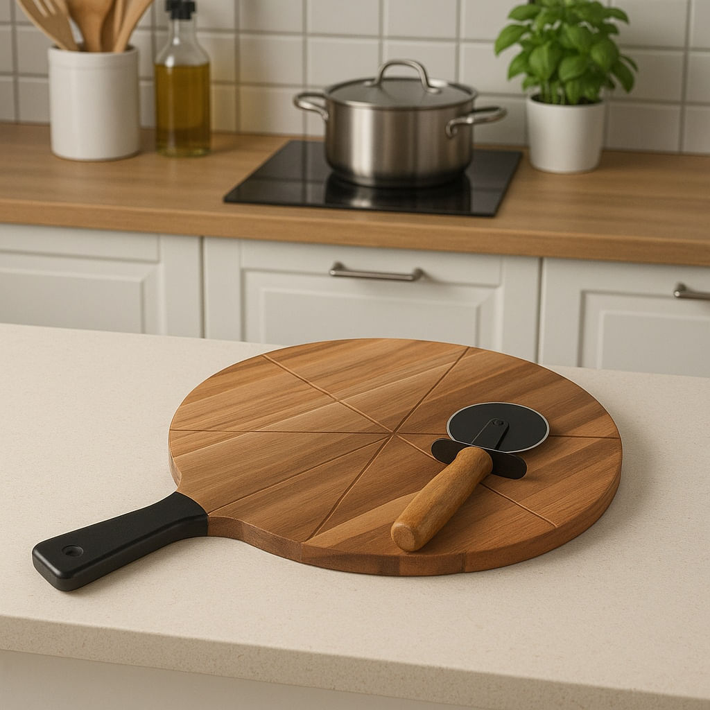 Set Taiere si Servire Pizza – Placa din Lemn cu Ghidaj si Cutit Rotativ Inclus